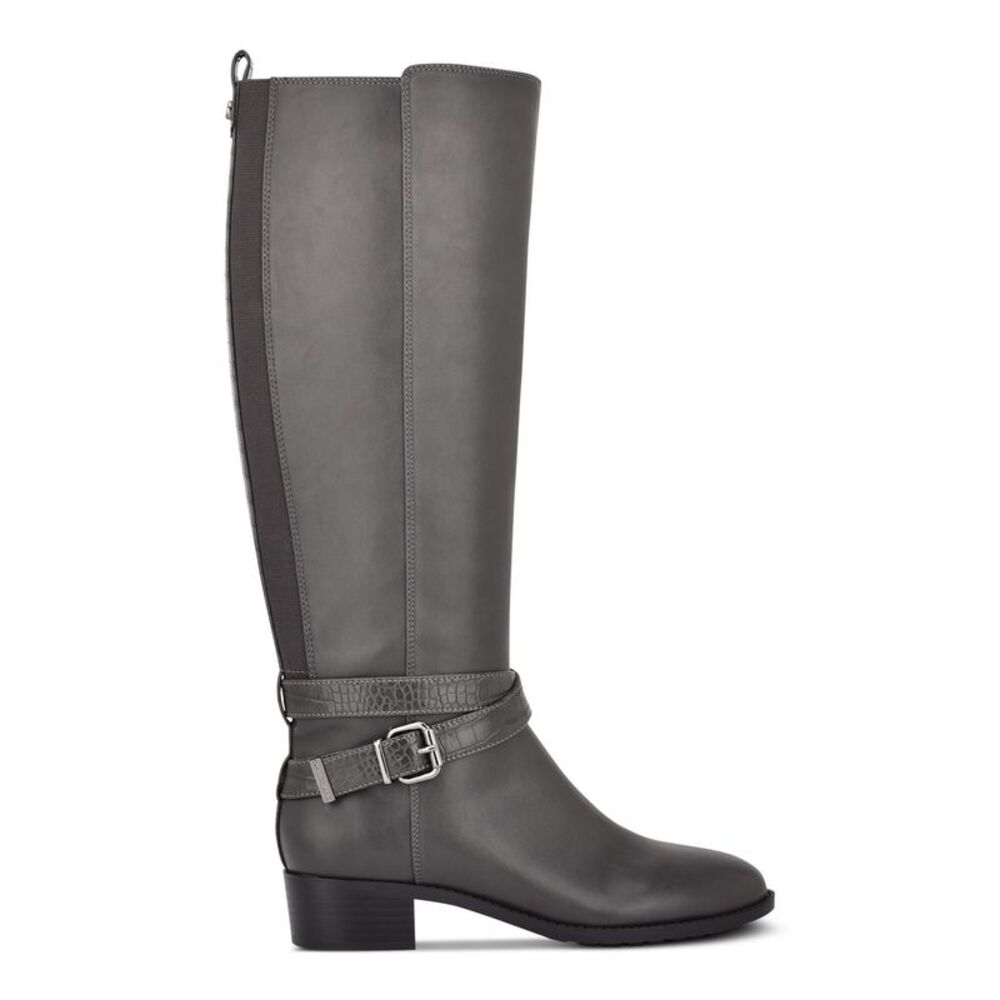 BANDOLINO Womens Gray Croc-Non-Slip Noles Almond Toe Block Heel Riding Boot 6 M
